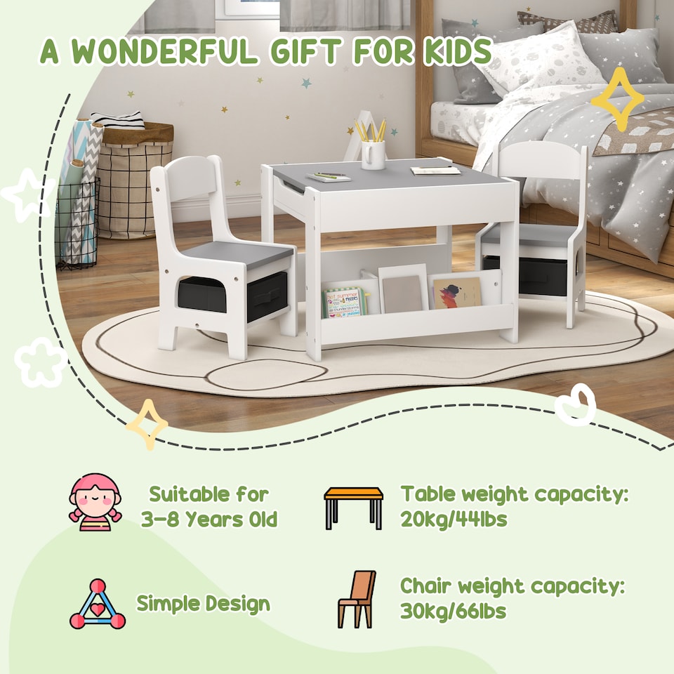 image 1 of HOMCOM 3-Piece Kids Table and Chair Set for Nursery, Playroom, Classroom