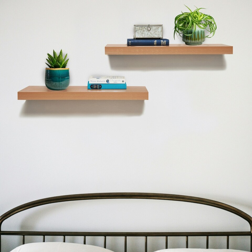 image 1 of Greenhurst Pack of 2 Easy Fit Floating Shelves, Light Oak , 40cm/60cm Brown | Oak | 40