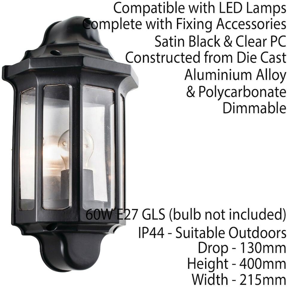 image 1 of IP44 Outdoor Wall Light Satin Black Half Lantern Traditional Dimmable Porch Lamp