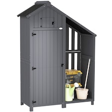 Outsunny Wooden Garden Storage Shed with 3 Shelves, Outdoor Garden Tool Storage Cabinet with Tilt Roof, Firewood Rack Log Carrier, 129 x 51.5 x 180cm, Grey