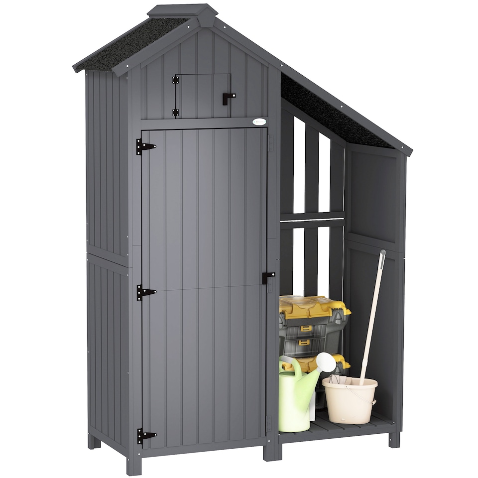 image 1 of Outsunny Wooden Garden Storage Shed with 3 Shelves, Outdoor Garden Tool Storage Cabinet with Tilt Roof, Firewood Rack Log Carrier, 129 x 51.5 x 180cm, Grey