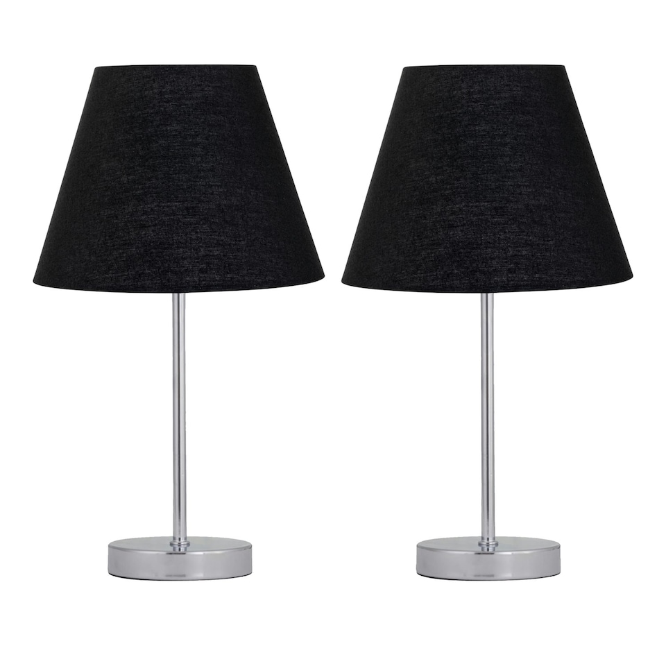image 1 of Set of 2 Chrome Stick Table Lamps with Black Fabric Shades Chrome | Black