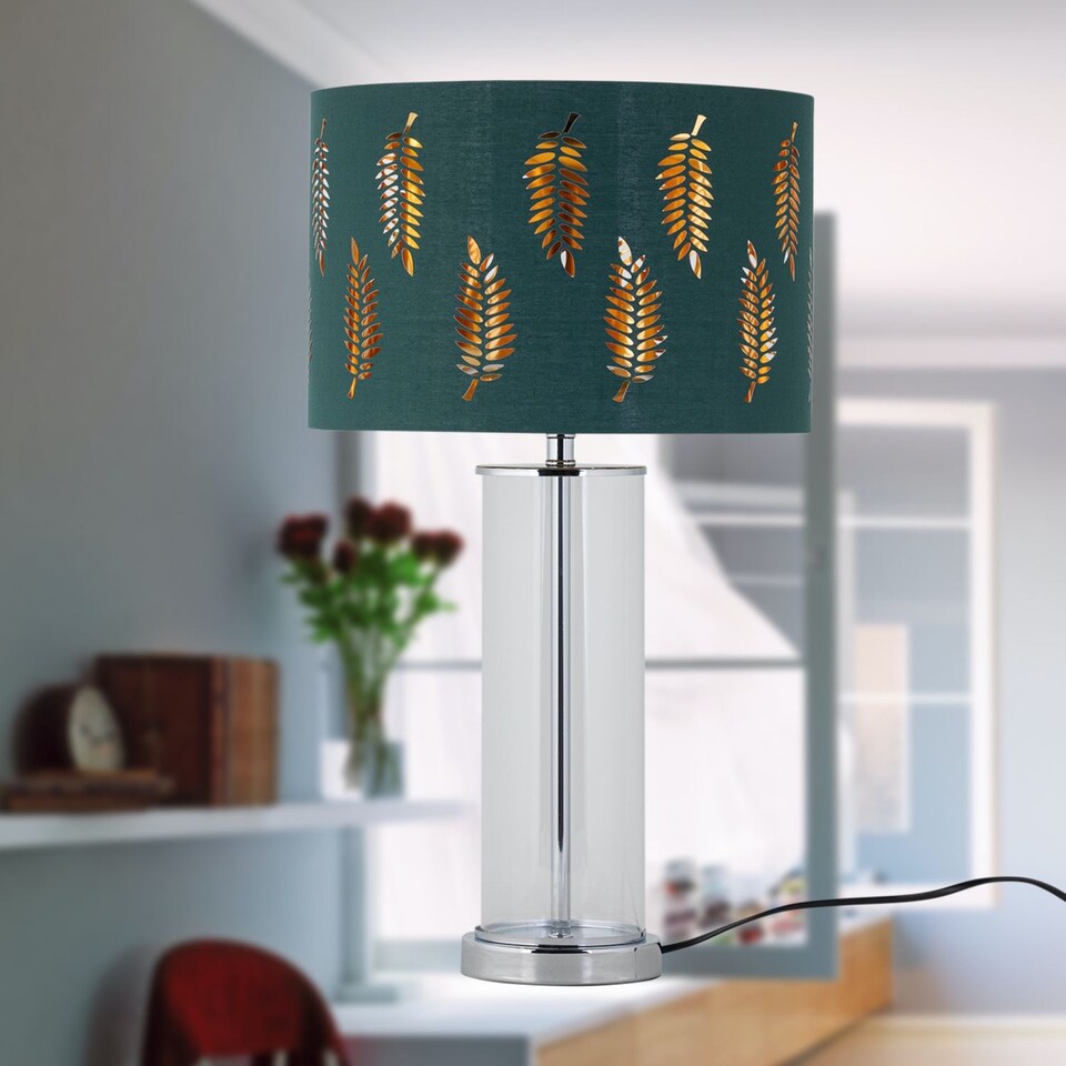 image 1 of Set of 2 Aura - Chrome Table Lamps with Green Fern Cut Out Shades | Chrome | Green | Large | 2
