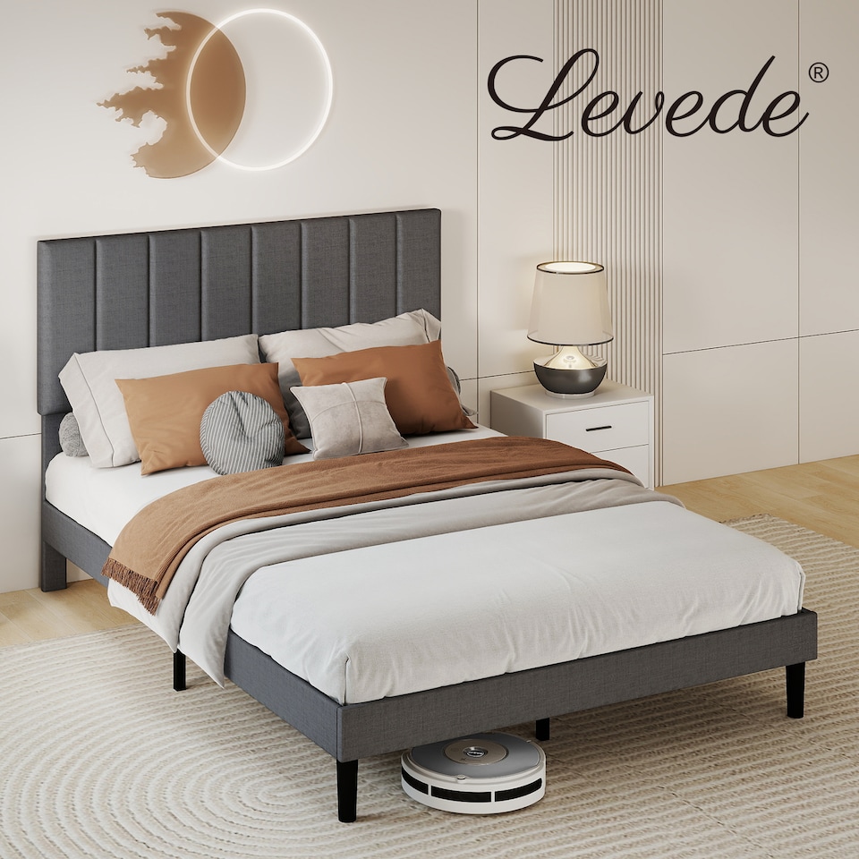 image 1 of Levede Bed Frame Double Upholstered Foam Headboard Soft Linen Fabric Wooden | Grey | Double | Double