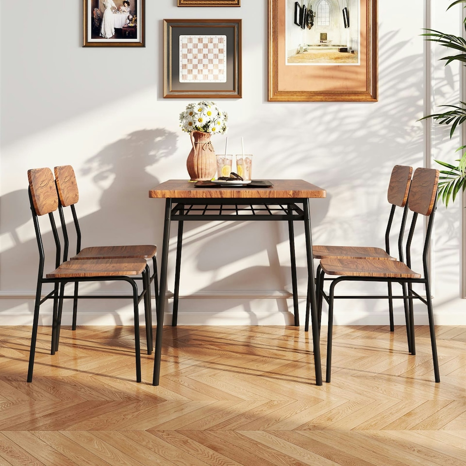 image 1 of COSTWAY 5Pcs Wood Square Kitchen Table & Chair Set Brown