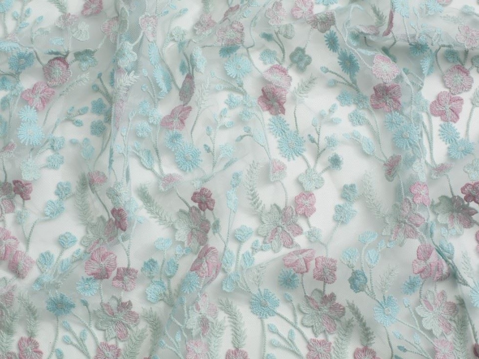 Blue Anna Embroidered Lace Fabric for Bridal, Dressmaking, 135cm / 53" Wide - per metre