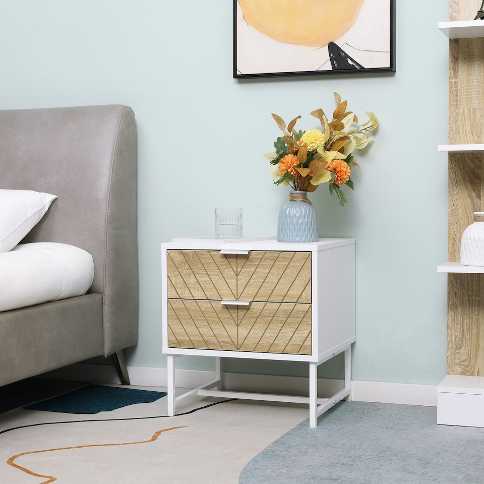 image 1 of HOMCOM Bedside Table End Table with 2 Drawers for Bedroom, White and Oak