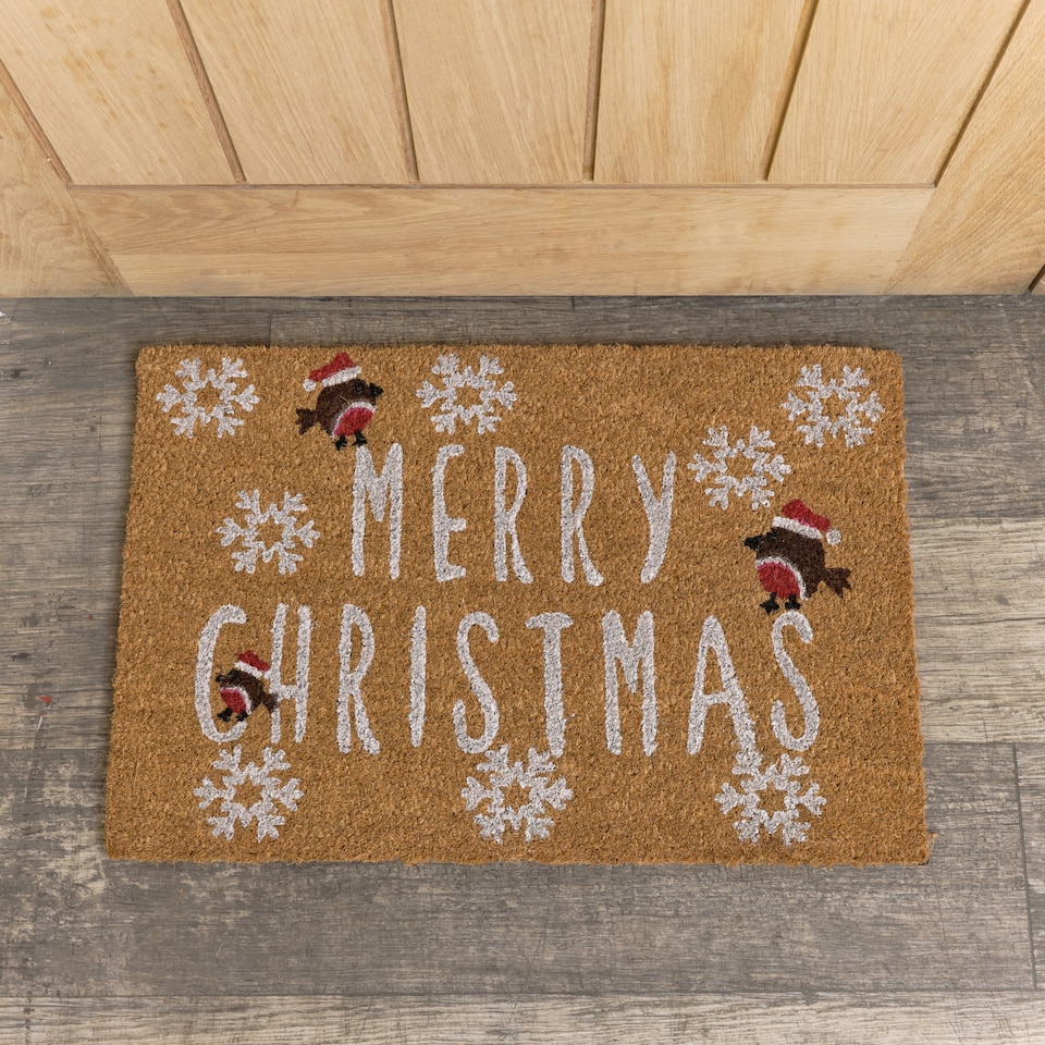 image 1 of Merry Christmas Robin Detail PVC Backed Coir Door Mat 60cm X 40cm