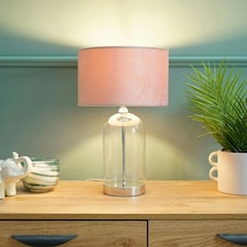 ValueLights Jessy Glass and Silver Chrome Metal Bedside Table Lamp with a Blush Pink Velvet Lampshade