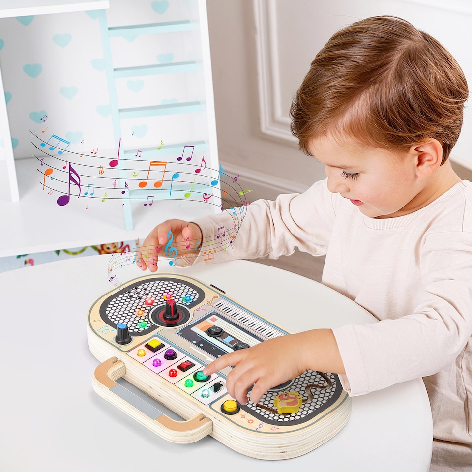 image 1 of Wooden LED Radio Music Toy – Interactive Light & Sound Activity Board for Toddlers 12M+