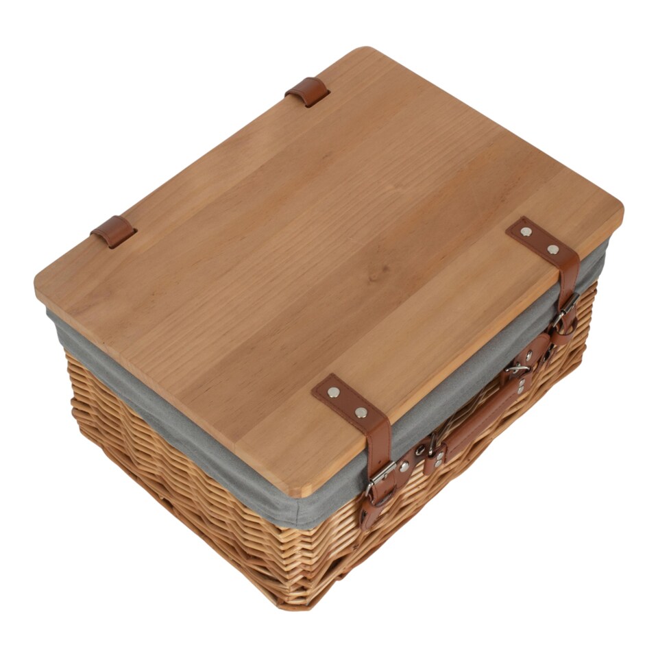 image 1 of 51cm Double Steamed Grey Lined Willow Empty Picnic Basket with Pinewood Lid | Brown | Brown | XL | 1