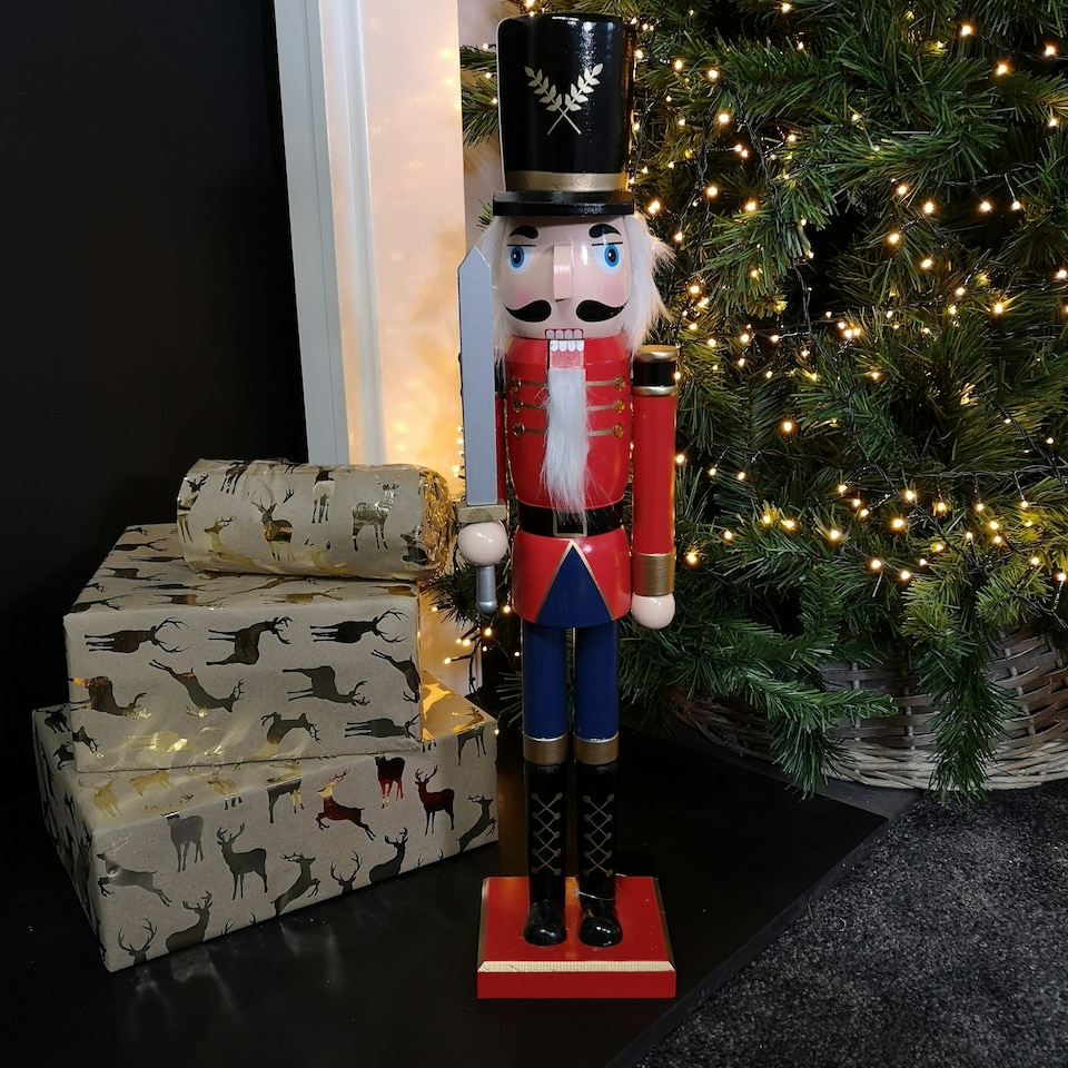 image 1 of 60cm Traditional Wooden Christmas Nutcracker Soldier Decoration with Red Body