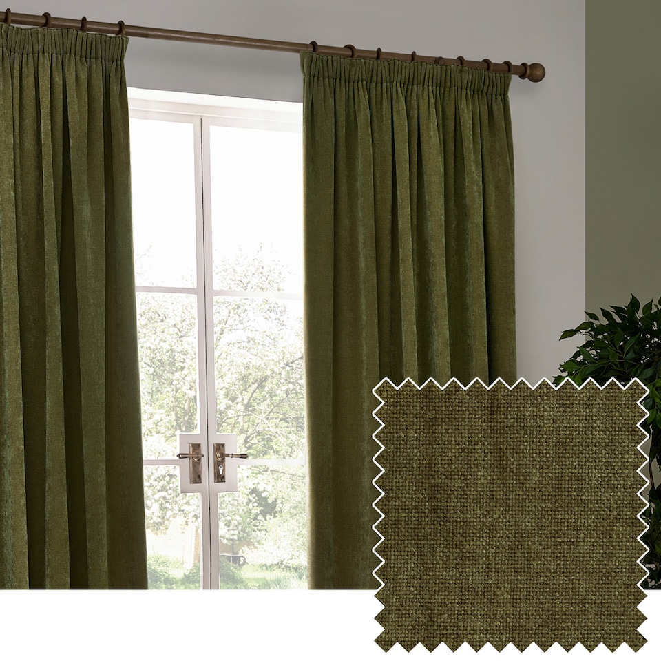 image 1 of Heavy Chenille Blackout Pencil Pleat Curtain Pair | Green | Olive | 2
