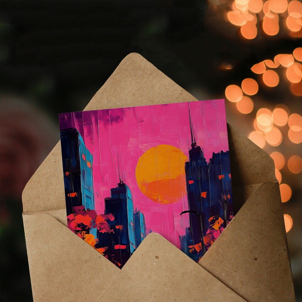 image 1 of City Street Autumn Pink Sunset Sky Cityscape Birthday Greeting Card