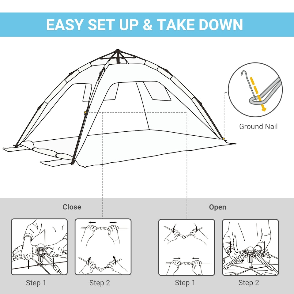 image 1 of Outsunny 2 Man Pop-up Beach Tent Sun Shade Shelter Hut w/Windows Door Light Blue