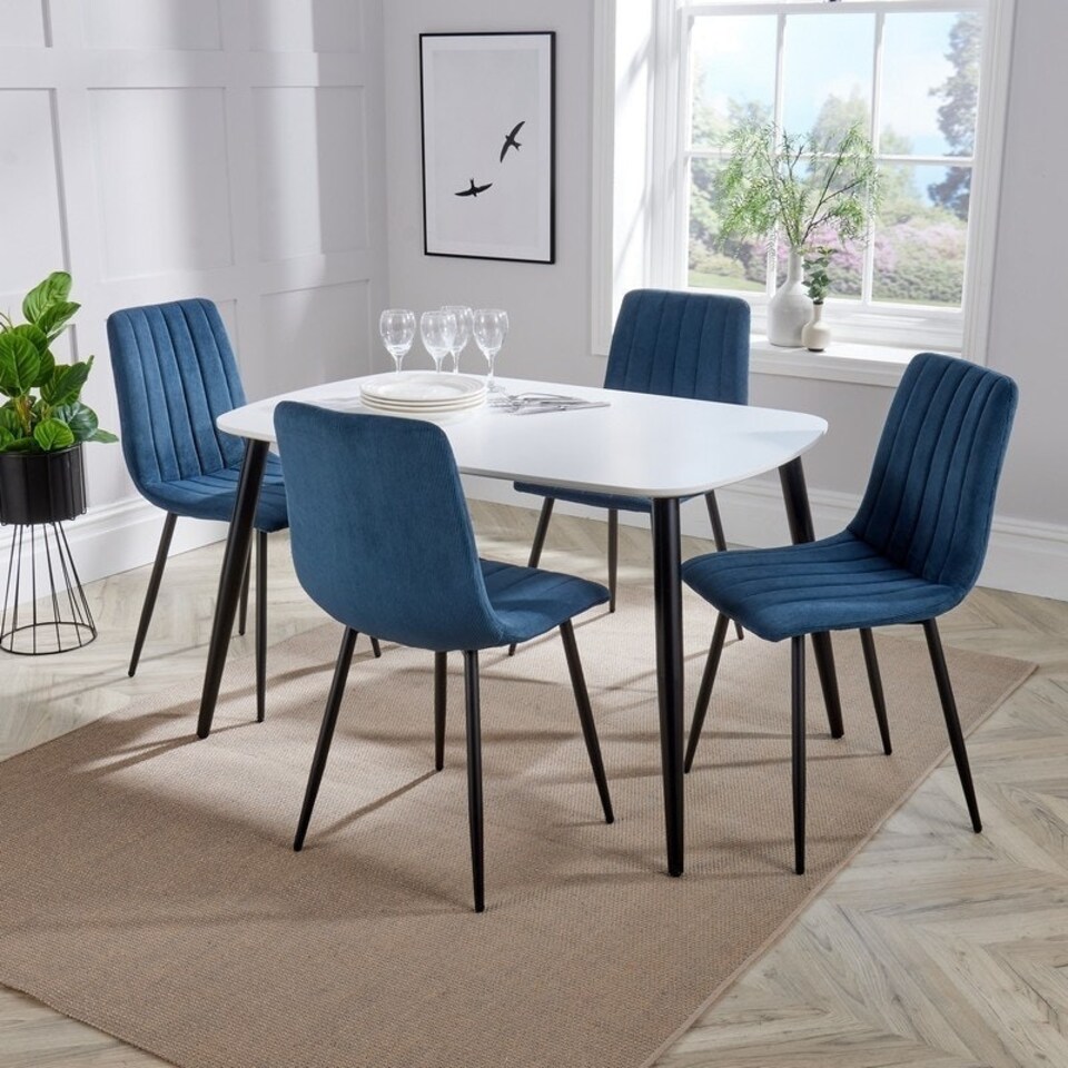 image 1 of Aspen Tapered Legs Rectangular Dining Table with 4 Straight Stitch Cord Dining Chairs - White/Blue/Black - Flat Packed White