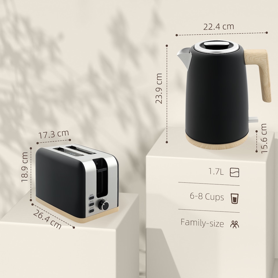 image 1 of HOMCOM Stainless Steel Kettle and Toaster Set, 1.7L 3000W Fast Boil Kettle & 2 Slice Toaster Kitchen Set with 7 Level Browning Controls, Defrost, Reheat, Auto Off, Boil-dry Protection, Black