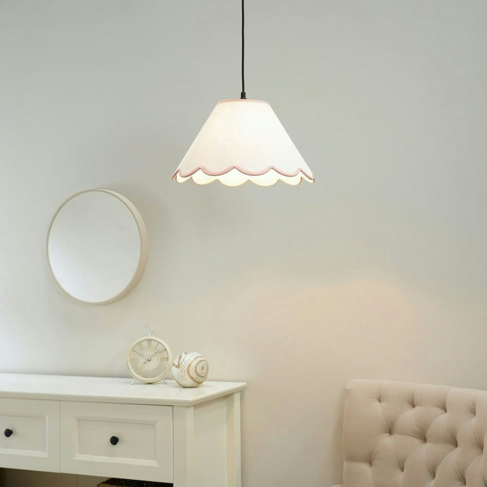image 1 of ValueLights Florie Natural Linen Large Tapered Lamp Shade with Scallop Pink Trim