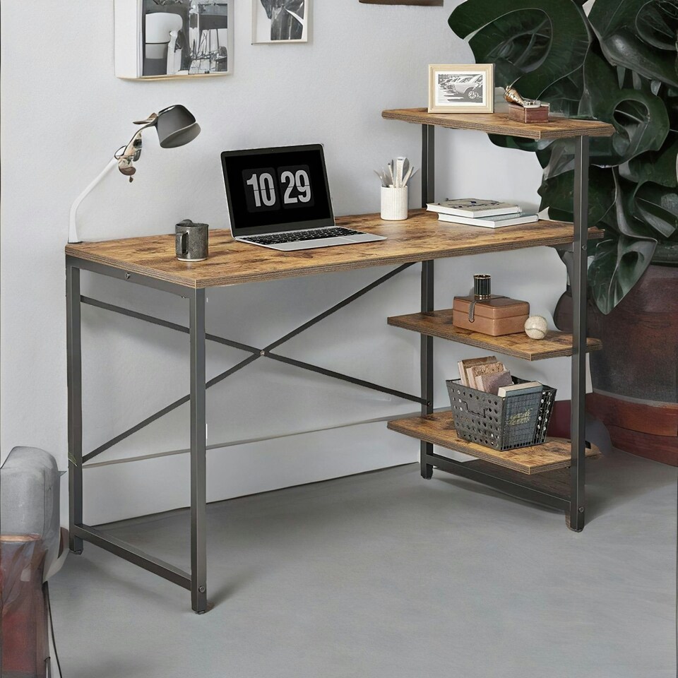image 1 of Industrial 4 Tier Writing Desk With Steel Frame Brown