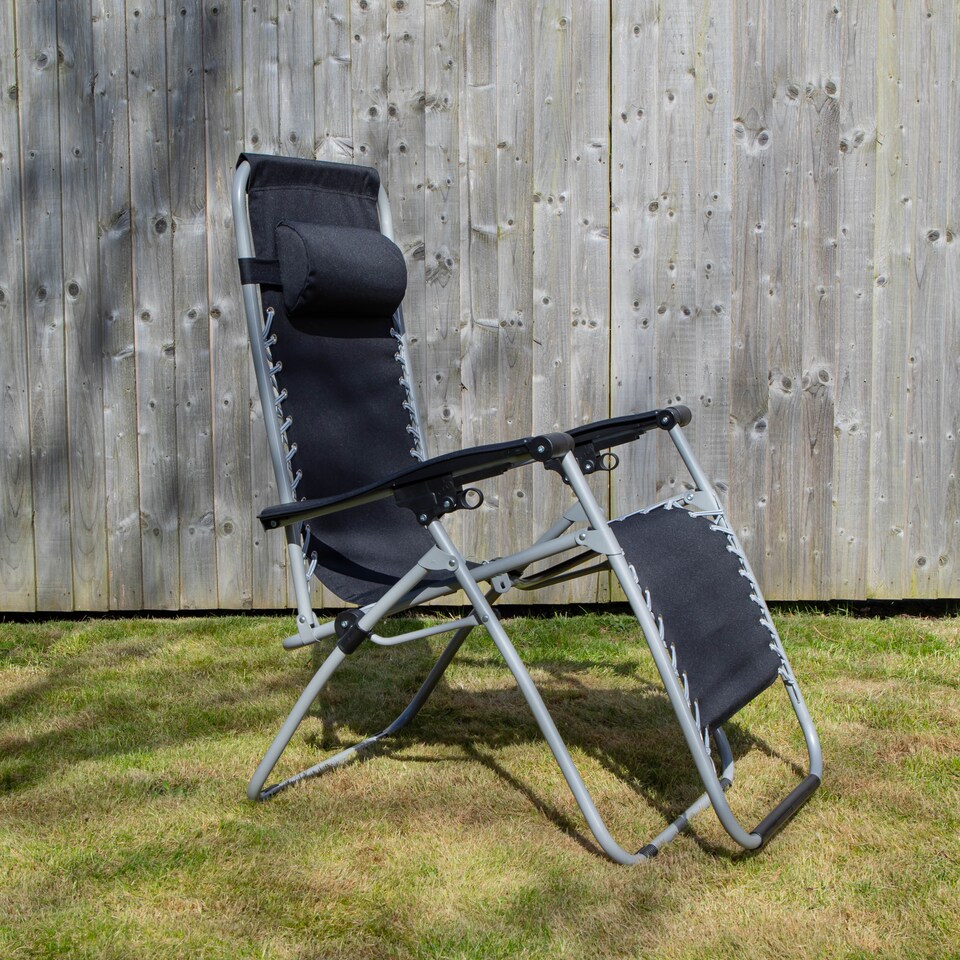 image 1 of Pair of Multi Position Garden Gravity Relaxer Chair / Sun Lounger - BLACK/SILVER