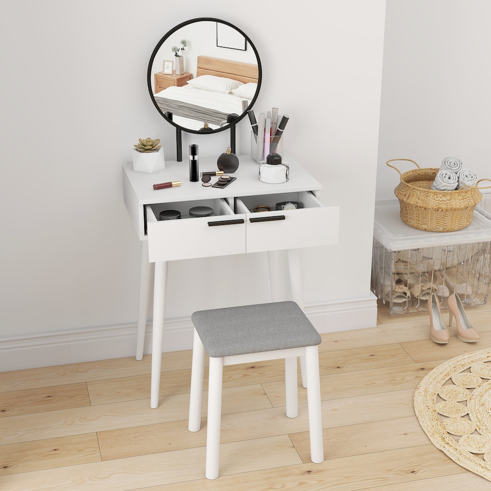 image 1 of HOMCOM Dressing Table Vanity Set Make Up Desk with Mirror & Stool White | White
