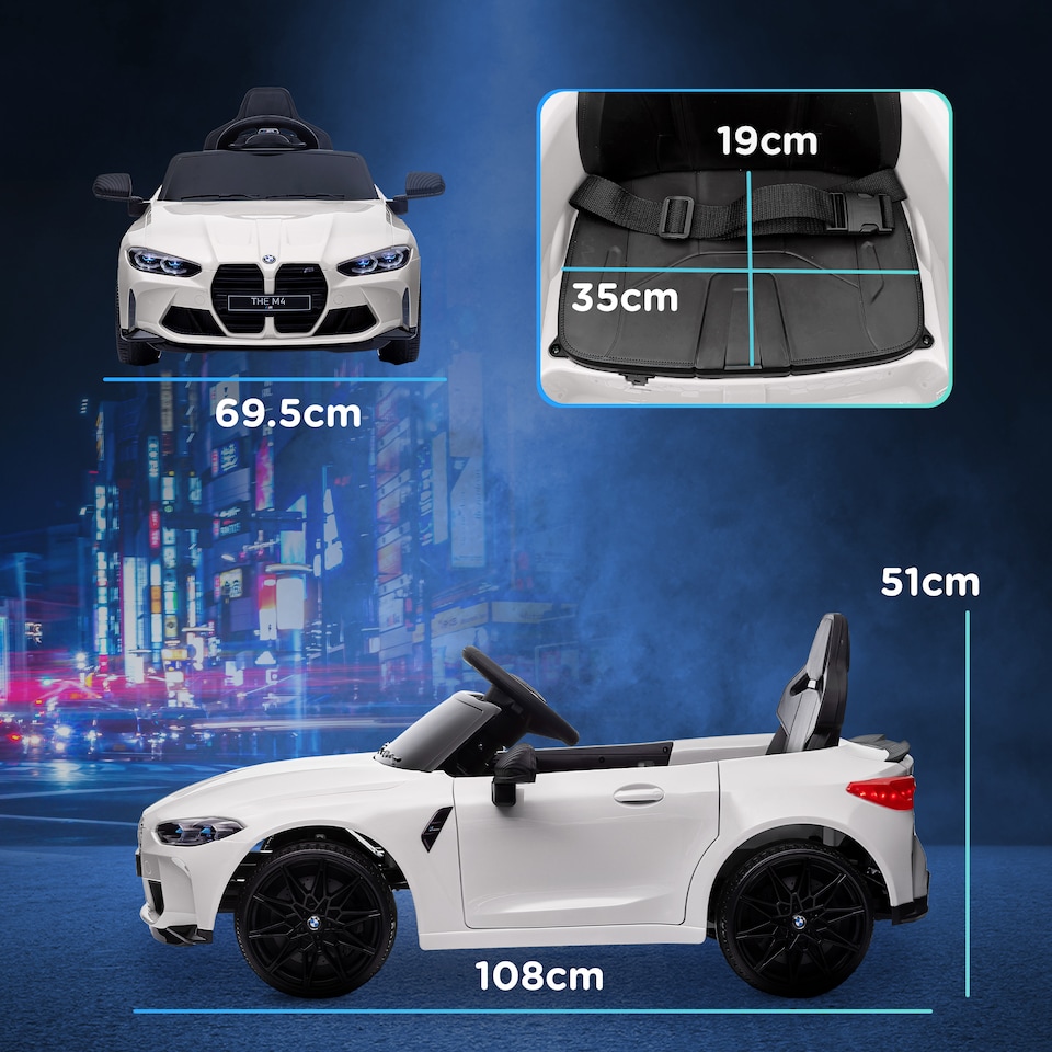 image 1 of AIYAPLAY BMW M4 Licensed Electric Car for Kids, 12V Kids Electric Ride on with Remote Control, Suspension, Music, Horn, LED Lights, for Ages 3-5 Years, White