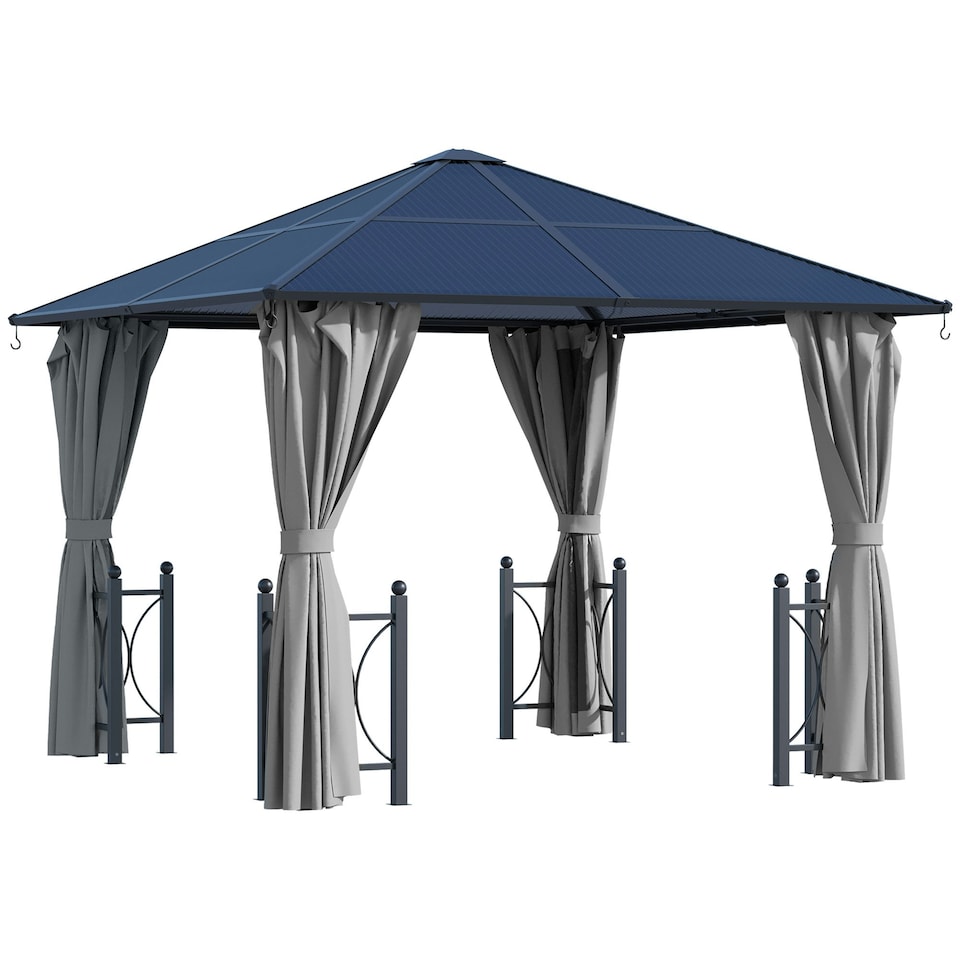 image 1 of Outsunny 3x3(m) Hardtop Gazebo with Polycarbonate Roof, Netting and Curtains