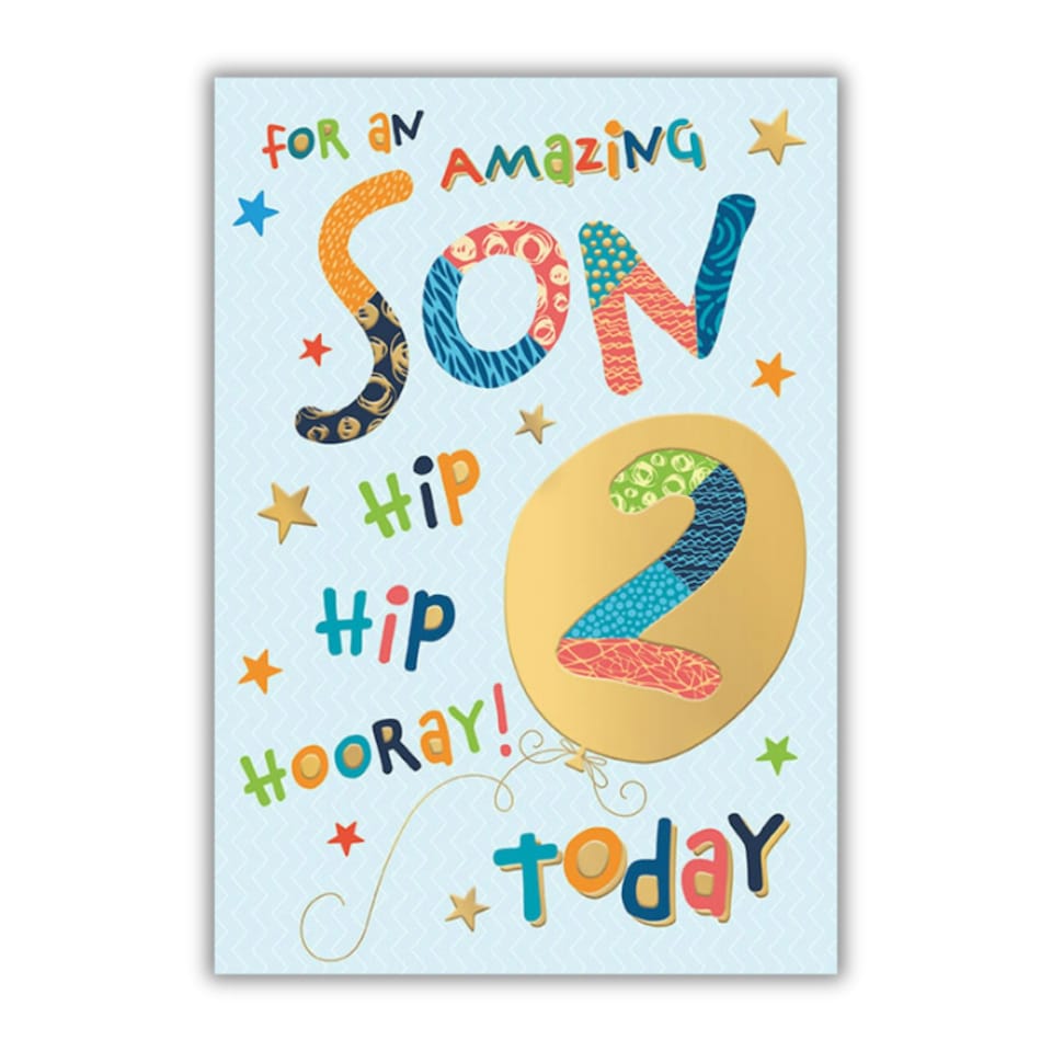 image 1 of Words 'n' Wishes 2nd Birthday Card for Son, Patterned & Foiled Letters With Balloons, Multicoloured, 23.5 x 16.5 cms