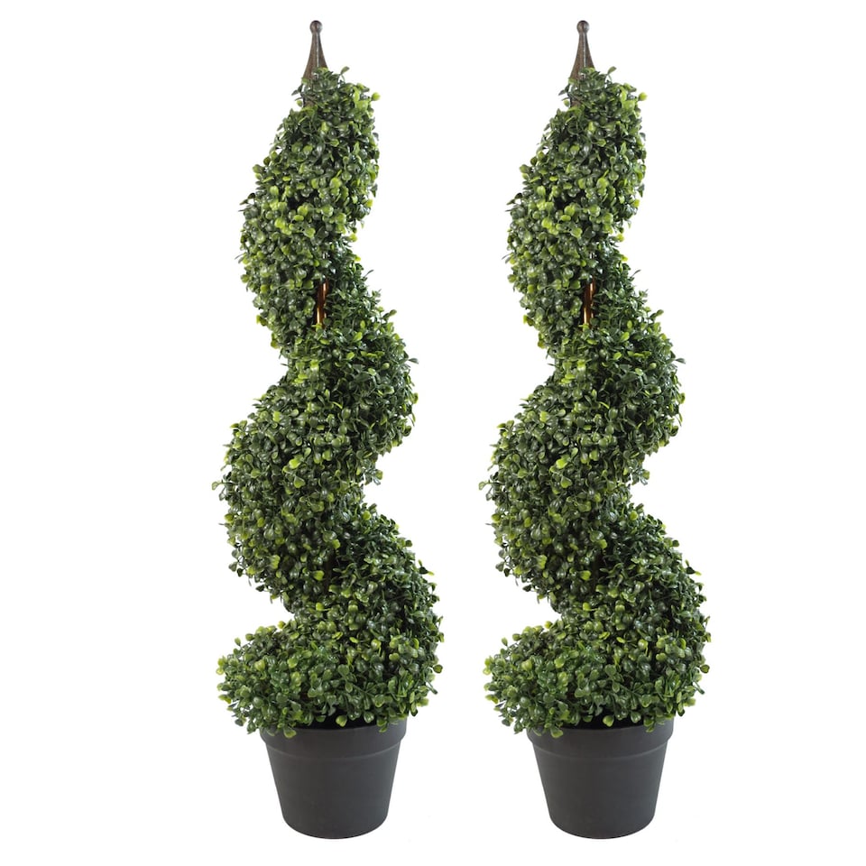 image 1 of Pair of 90cm (3ft) Tall Artificial Boxwood Tower Trees Topiary Spiral Metal Top | Green | 3ft