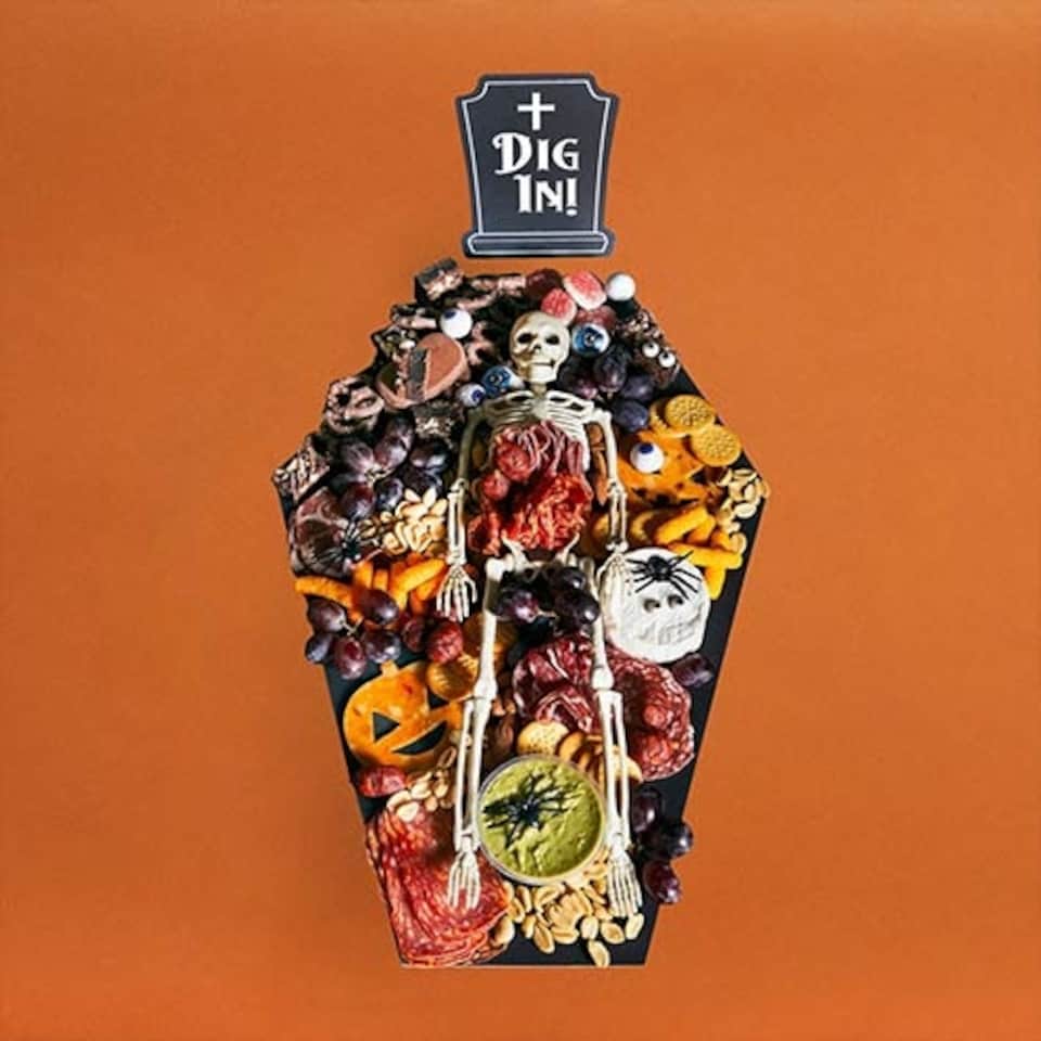 image 1 of Halloween Black Coffin Grazing Board with Card Sign 47cm