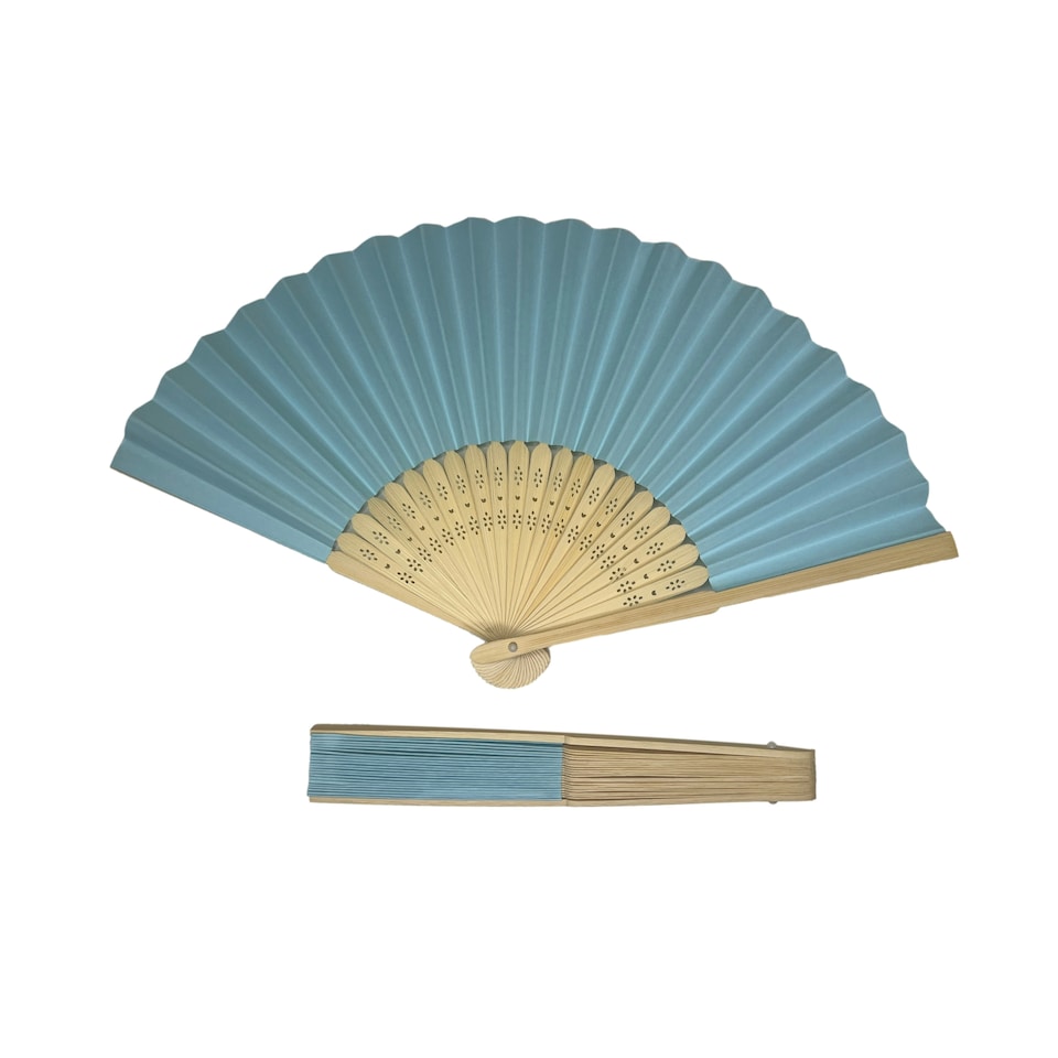 image 1 of Light Blue Paper Foldable Hand Held Bamboo Wooden Fan by Parev
