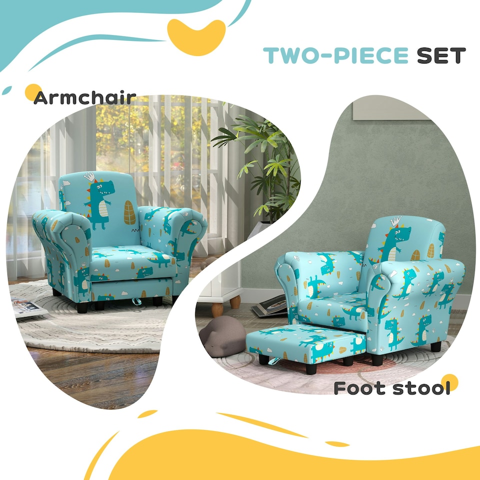 image 1 of AIYAPLAY 2 Piece Kids Sofa Set with Dinosaur Design, for Nursery 