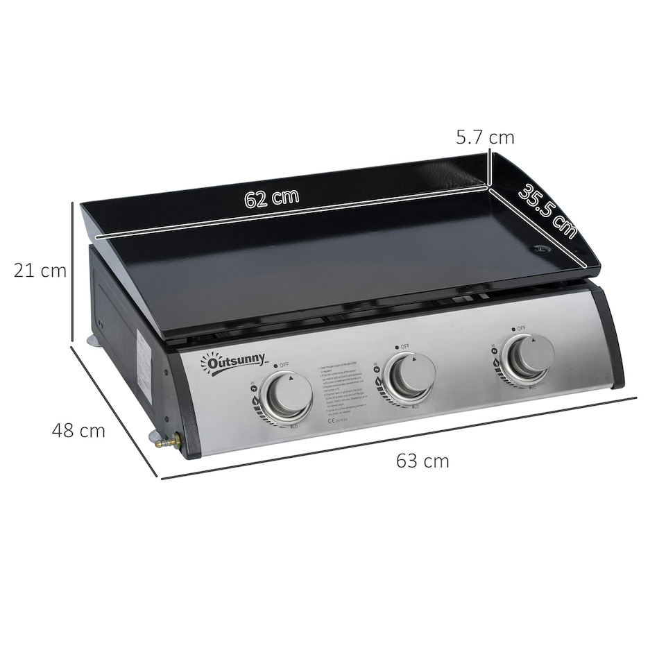 image 1 of Outsunny Portable Gas Plancha BBQ Grill with 3 Stainless Steel Burner, 9kW