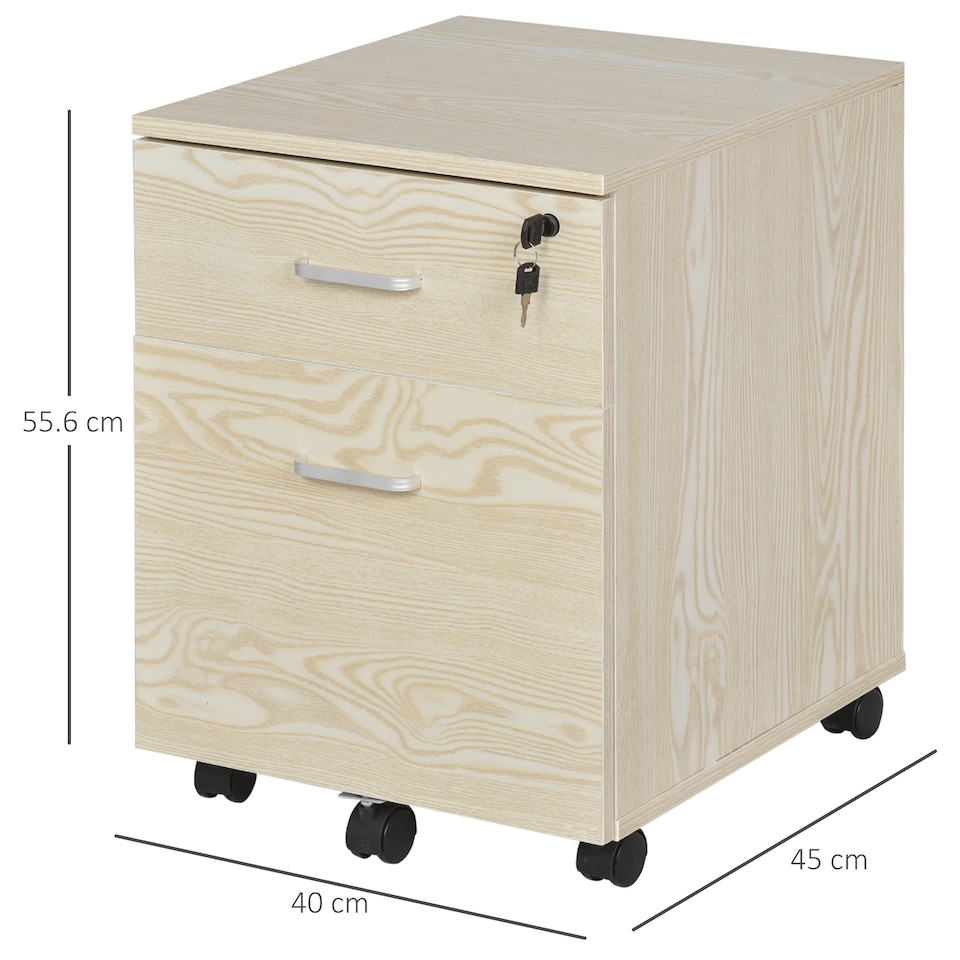 image 1 of Vinsetto 2-Drawer Locking Office Filing Cabinet 5 Wheels Rolling Storage Oak
