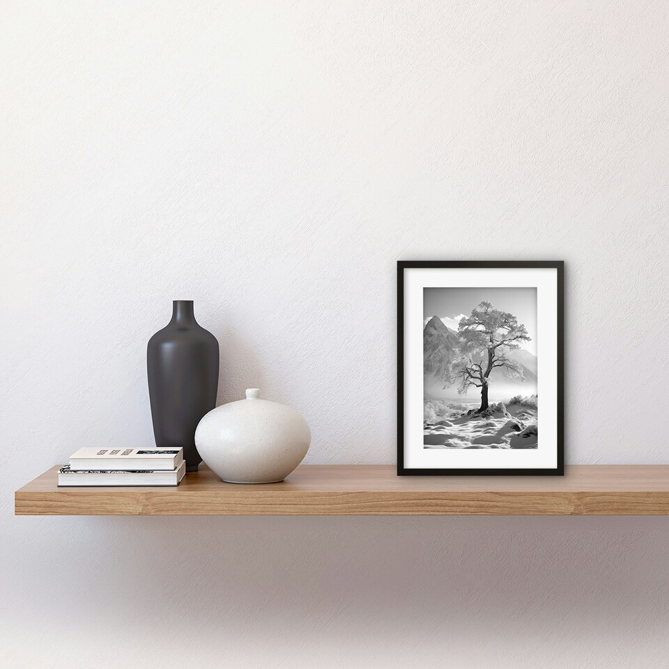 image 1 of Frozen Lone Tree Mountain Landscape Winter Sunrise 9x7" Black Framed Wall Art Print
