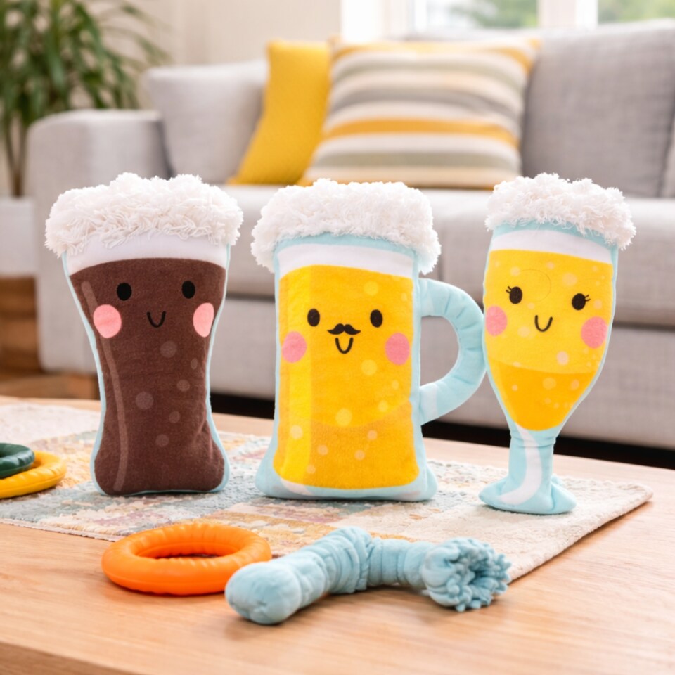 image 1 of Pack of 3 Squeaky Plush Dog Toy Summer Drinks Design Pet Puppy Chew Fetch