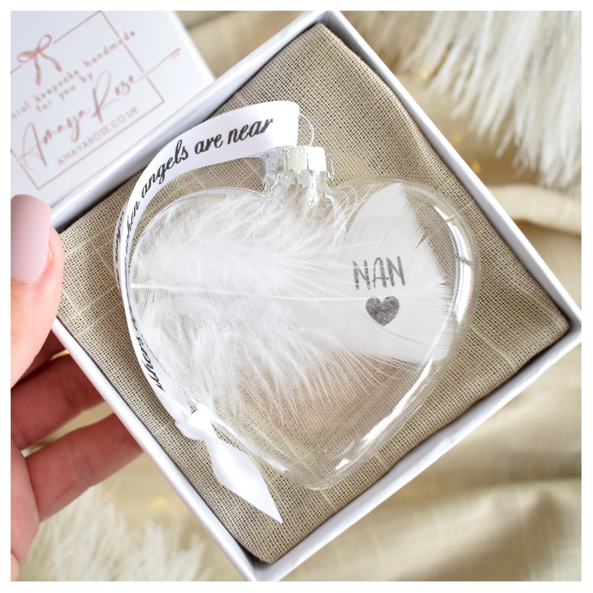 Amaya Rose Ltd In Memory of Nan Heart Feather Bauble Remembrance Gift Boxed Keepsake in Clear