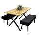 image 1 of Wooden Brown Dining Table with 2 Black Velvet Padded Benches, Stylish Dining Room Furniture