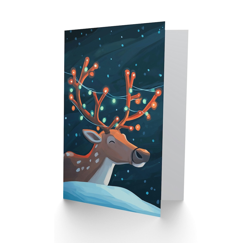 image 1 of Greeting Card Cute Reindeer With String Lights On Antlers Blank For Him Or Her Art Xmas Christmas Card