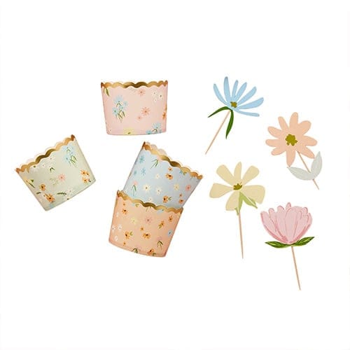 Assorted Pastel Floral Tea Party Food Cake Picks & Cupcake Cups Kit - Pack of 12