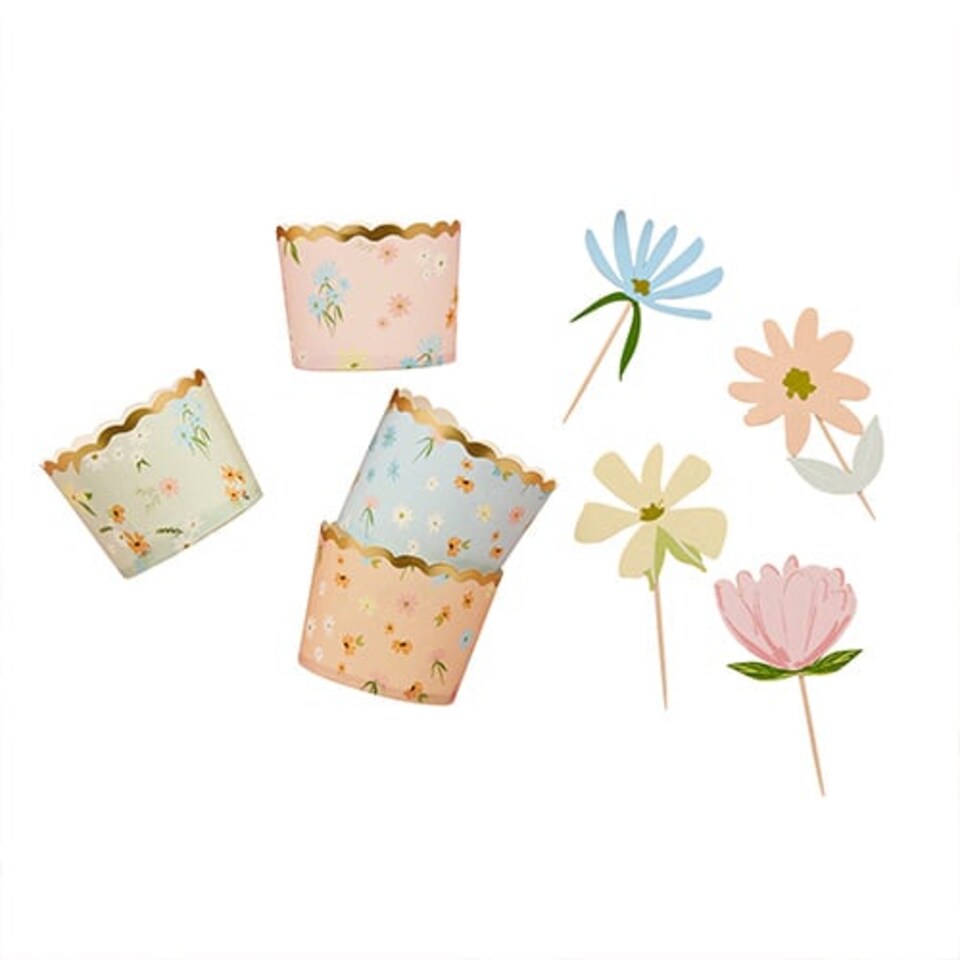 image 1 of Assorted Pastel Floral Tea Party Food Cake Picks & Cupcake Cups Kit - Pack of 12