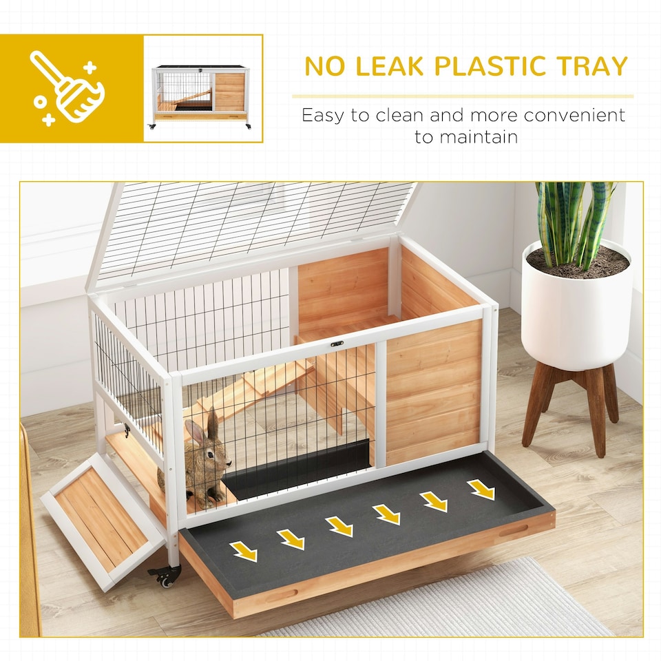 image 1 of PawHut Wooden Guinea Pig Hutch 2-Floor Design w/ Wheels, Yellow