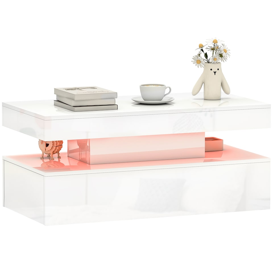 image 1 of HOMCOM LED Coffee Table with Storage, Modern High Gloss Living Room Table with 2 Drawers, Open Shelf and Remote Control, White