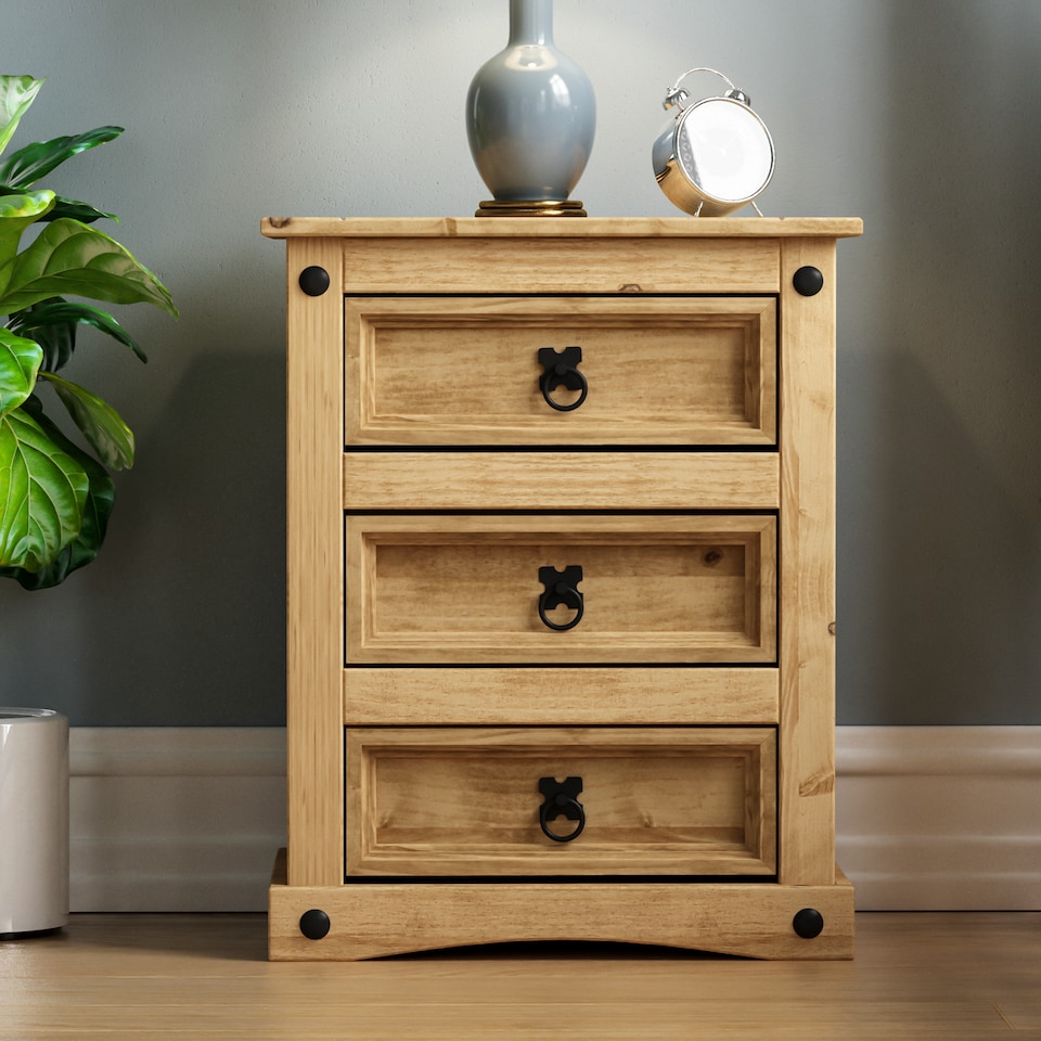 image 1 of Vida Designs Corona 3 Drawer Bedside Chest Cabinet Table Nightstand, Solid Pine Wood