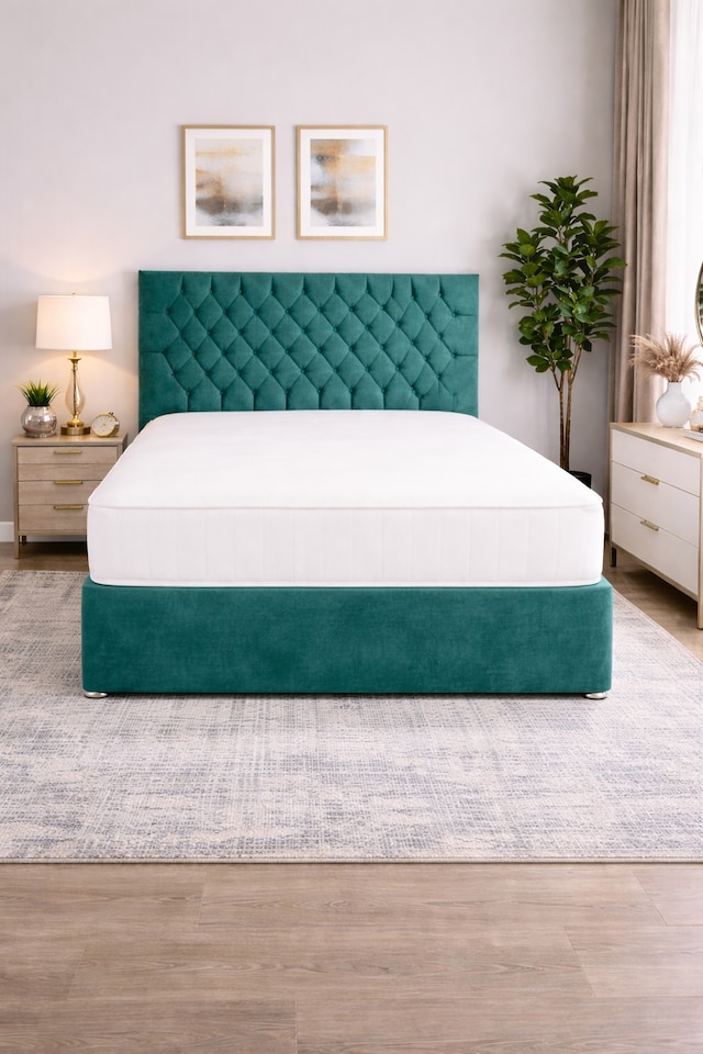 image 1 of 4FT6 Double   Emerald Green  Coniston Divan Bed Set with Headboard & Orthopedic Mattress 2 Drawers Same Side