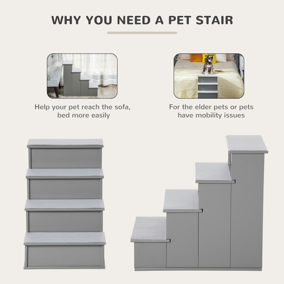 image 1 of PawHut 4 Step Wooden Dog Steps Pet Stairs Cat Ladder for Bed Couch, Grey
