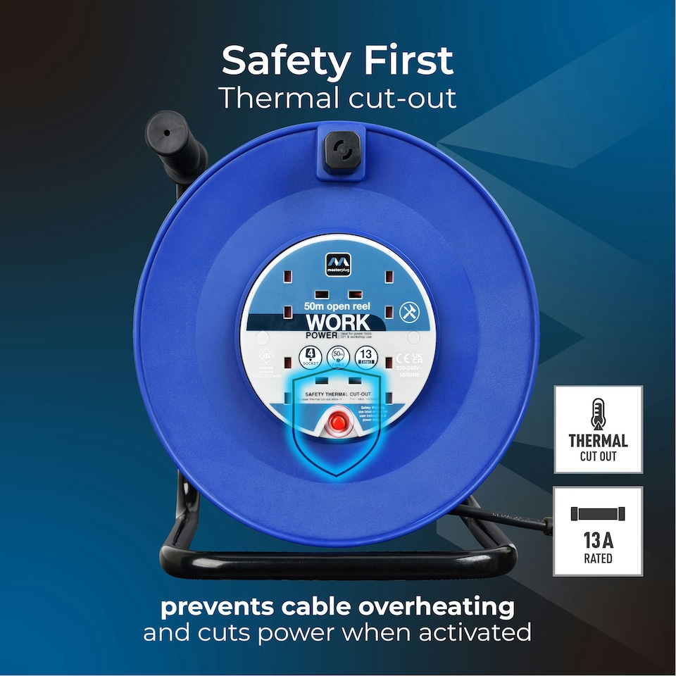 image 1 of Masterplug 50m 4 Socket 13A Heavy-Duty Open Cable Reel Thermal Cut-Out
