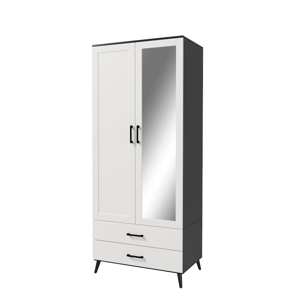 image 1 of 2-Door 2-Drawer Mirror Wardrobe with Legs | Black | Black & White | 55 x 9.5 x 149 | 1