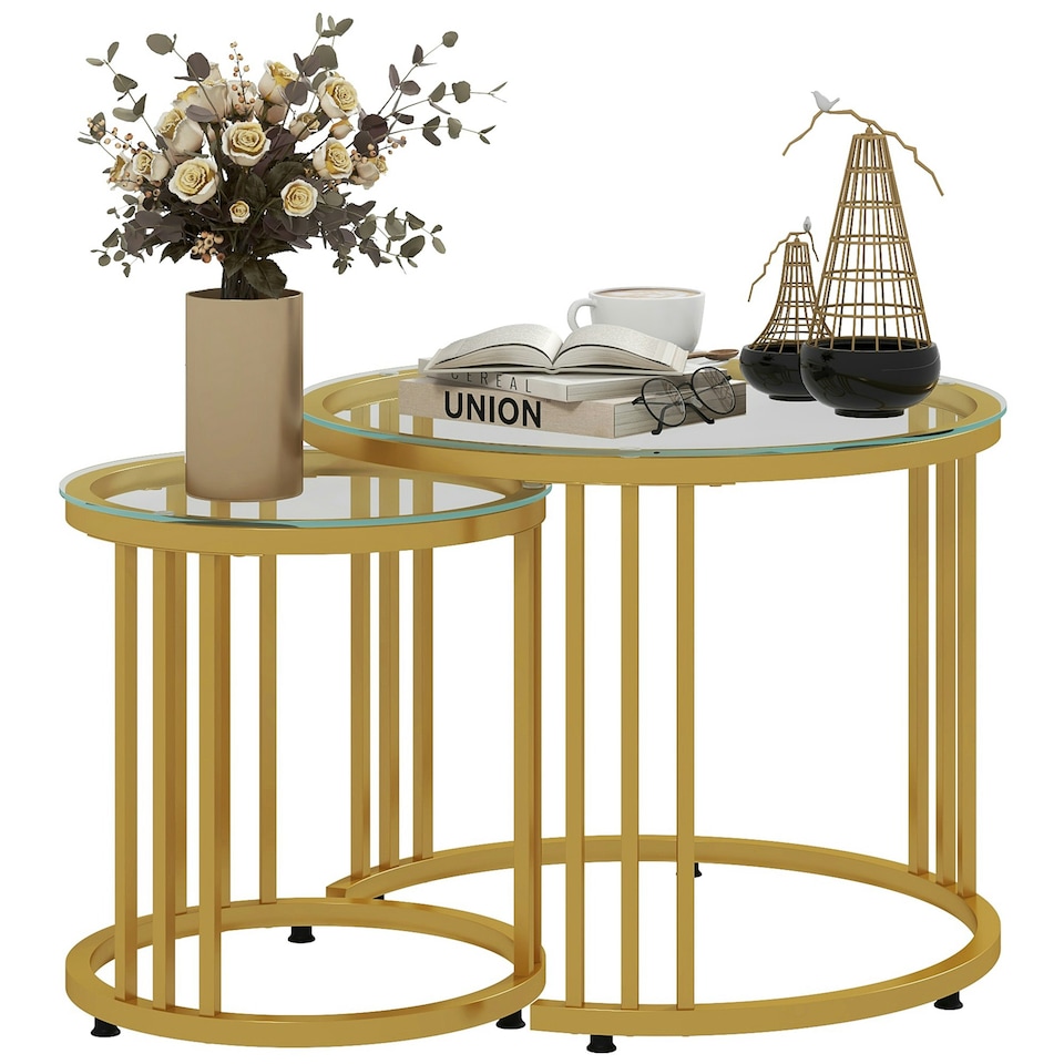 image 1 of HOMCOM 2 Pieces Round Nesting Coffee Tables with Tempered Glass Top, Gold Tone | Gold | 60x60x47