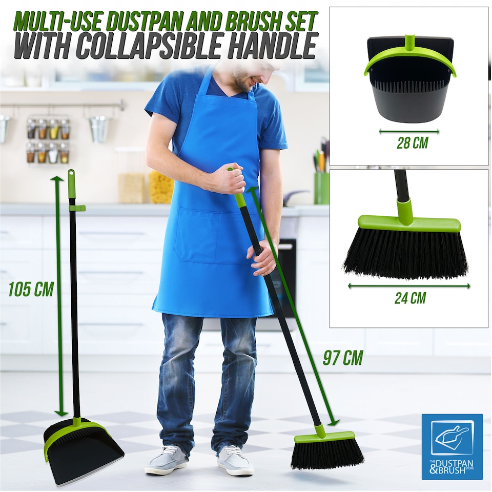 image 1 of Long Handled Dustpan and Brush Set Upright Sweeping Broom with Built-In Bristle Cleaner